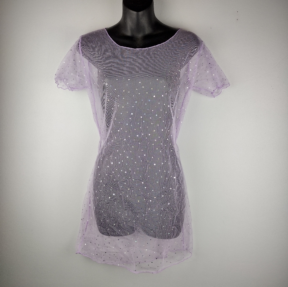 Sheer Lilac Lavender Light Purple Sparkly Mesh Swimsuit Swim Cover
